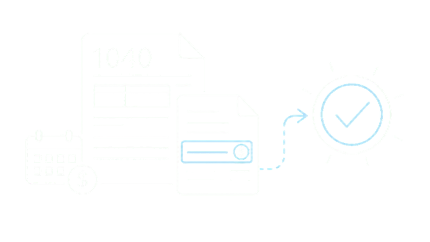 Tax return, payment document, and approval checkmark